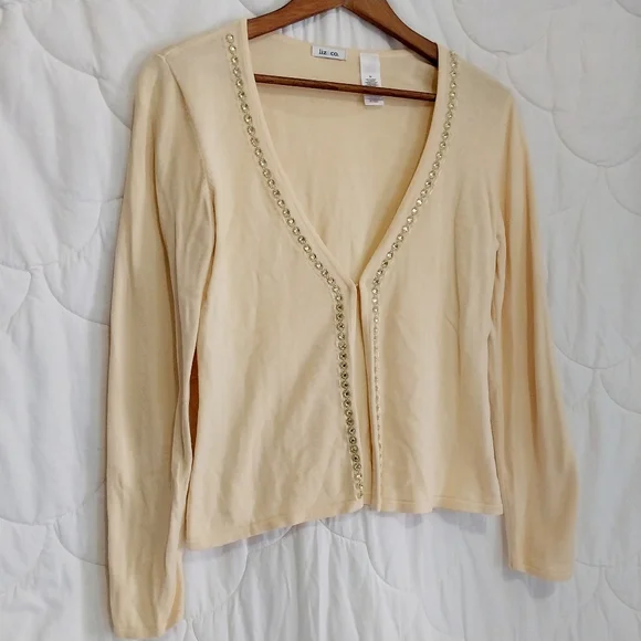 Liz & Co. Women's Size Medium Yellow Embellished Long Sleeve Cardigan - Picture 2 of 11